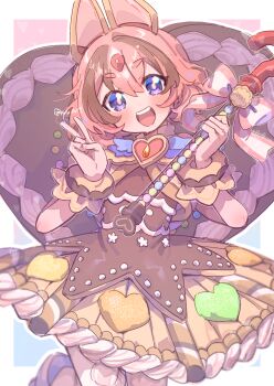  1girl :d animal_ears blue_background blush border brown_dress brown_hair commentary_request cowboy_shot dot_nose double-parted_bangs dress gradient_background hair_between_eyes heart highres holding holding_wand looking_at_viewer magia_record:_mahou_shoujo_madoka_magica_gaiden mahou_shoujo_madoka_magica medium_hair multicolored_hair open_mouth outline outside_border pink_background pink_hair sawa_sudachi sawa_sudachi_(valentine_ver.) serizawa_serizane smile solo teeth thick_eyebrows two-tone_hair upper_teeth_only v wand white_border white_outline 