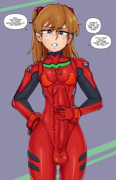  1boy androgynous blue_eyes bodysuit brown_hair bulge cowboy_shot english_text genderswap genderswap_(ftm) hand_on_own_hip highres huge_penis interface_headset_(evangelion) long_hair mecha_pilot_suit mrbooshmaster neon_genesis_evangelion parted_lips penis plugsuit_(evangelion) red_bodysuit souryuu_asuka_langley speech_bubble standing testicles thighs trap two_side_up wide_hips  rating:Explicit score:16 user:Oppai_chan