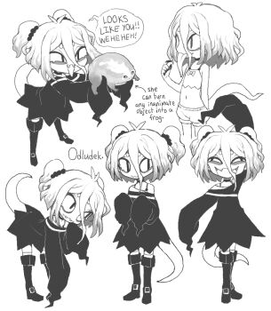  1girl animal antenna_hair arm_up bags_under_eyes bent_over black_choker boots character_name choker colored_extremities commentary dizzyspells english_commentary english_text fangs frog full_body half-closed_eyes hand_to_own_mouth hands_up holding holding_animal holding_frog knee_boots long_tongue multiple_views navel odludek_(dizzyspells) open_mouth original reptile_girl short_hair single_bare_shoulder single_off_shoulder sleeves_past_fingers sleeves_past_wrists smile speech_bubble standing tail tongue tongue_out two_side_up underwear very_long_tongue 