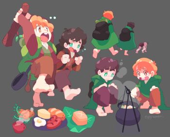  3boys arms_behind_head artist_name backpack bag barefoot bread brown_eyes brown_hair brown_jacket brown_pants buck_teeth cheese cloak closed_mouth commentary cooking cooking_pot cup english_commentary following food fried_egg frodo_baggins green_cloak green_eyes grey_background halfling holding holding_stick jacket loincloth male_focus multiple_boys multiple_views open_mouth orange_hair pants potato rebekah_jin samwise_gamgee sausage short_hair smeagol smile spoon squatting steaming_cup stick sweatdrop teeth the_lord_of_the_rings tolkien's_legendarium walking wooden_spoon 