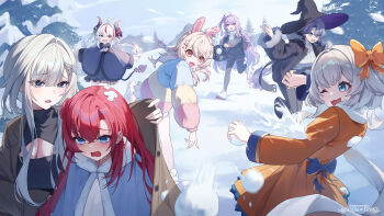  6+girls ahoge animal_ears artist_request black_hat black_horns black_jacket black_shorts blue_bow blue_eyes blush bow breasts cleavage cleavage_cutout clothing_cutout copyright_name crescent crescent_hair_ornament demon_horns demon_tail eepy_sleepy fur-trimmed_jacket fur_trim grey_hair hair_bow hair_ornament hat heterochromia highres horns jacket long_hair marimari_(vtuber) mole mole_on_breast multicolored_hair multiple_girls official_art one_eye_closed open_clothes open_jacket open_mouth orange_bow phase_connect pipkin_pippa pipkin_pippa_(1st_costume) purple_hair rabbit_ears rabbit_girl red_eyes red_hair remilia_nephys shisui_michiru_(phase_connect) shoes shorts sinon_sinfonia snow snowball snowball_fight streaked_hair tail throwing tree virtual_youtuber white_hair white_shoes wilhelmina_frost witch_hat 