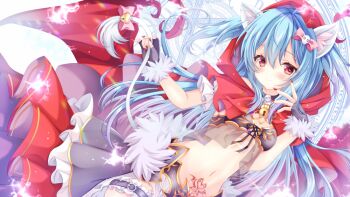  1girl animal_ear_fluff animal_ears bell bemani blue_hair blush bow breasts capelet cat_ears choker closed_mouth commentary commission cosplay demon_wings fingerless_gloves fingernails frilled_thigh_strap frills fur-trimmed_gloves fur_trim gloves hair_between_eyes hair_bow hair_ornament heart heart-shaped_bell heart-shaped_pupils hiryuu_kanon holding_own_tail hood hood_up hooded_capelet indie_virtual_youtuber keyhole kureha_(666)_(sound_voltex) kureha_(666)_(sound_voltex)_(cosplay) kureha_(sound_voltex) kureha_(sound_voltex)_(cosplay) lightning long_fingernails long_hair looking_at_viewer lowleg lowleg_skirt magic_circle_background medium_breasts midriff navel pink_bow pink_streaks pubic_tattoo red_capelet red_eyes red_hood red_nails shimo_hisae skeb_commission skirt skull_choker skull_hair_ornament smile solo sound_voltex symbol-shaped_pupils tail tail_bell tail_bow tail_ornament tattoo thigh_strap two_side_up virtual_youtuber wings 