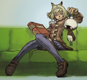  1girl 1other animal_ears blonde_hair blue_eyes blue_skirt book brown_jacket brown_shoes cat_ears cat_girl colored_skin couch final_fantasy final_fantasy_xi highres holding holding_book jacket leaf leaf_on_head mandragora_(final_fantasy) mithra_(ff11) mozuku_(igara) on_couch pleated_skirt scholar_(final_fantasy) shoes short_hair sitting skirt smile thighhighs white_eyes white_skin 