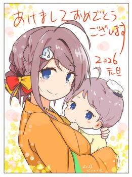  2026 admiral_(kancolle) ahoge akeome baby blue_eyes braid brown_eyes chougei_(kancolle) commentary_request curse_(023) grey_hair hair_bun happy_new_year highres japanese_clothes kantai_collection kimono little_boy_admiral_(kancolle) long_hair new_year orange_kimono sidelocks upper_body 