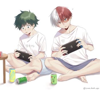  2boys aqua_eyes barefoot blush boku_no_hero_academia burn_scar can controller feet freckles game_controller green_eyes green_hair grey_eyes grey_shorts heterochromia highres holding holding_controller holding_game_controller male_focus midoriya_izuku multicolored_hair multiple_boys nintendo nintendo_switch open_mouth oumi_hrak_npr red_hair scar scar_on_face shirt short_hair shorts shounen_jump split-color_hair t-shirt todoroki_shoto toes tongue tongue_out two-tone_hair white_background white_hair white_shirt white_shorts  rating:General score:5 user:danbooru