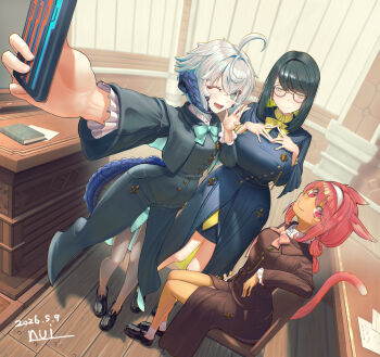  3girls ahoge allagan_tomestone animal_ears aqua_bow aqua_bowtie artist_name au_ra black_capelet black_hair black_robe black_shoes blue_capelet blue_eyes blue_robe book bow bowtie breasts brown_capelet brown_pantyhose brown_robe capelet cat_ears cat_girl cat_tail classroom collared_shirt commentary_request dated desk dragon_girl dragon_horns dragon_tail facial_mark final_fantasy final_fantasy_xiv glasses hairband highres horns hyur large_breasts loafers looking_at_viewer medium_breasts medium_hair miqo'te multiple_girls nuittter pantyhose pink_bow pink_bowtie red_eyes red_hair robe round_eyewear scales selfie shirt shoes short_hair socks tail warrior_of_light_(ff14) whisker_markings white_hair white_hairband white_shirt white_socks window yellow_bow yellow_bowtie yellow_eyes yellow_shirt 