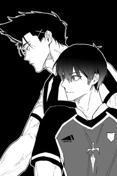  2boys barou_shouei bastard_munchen_soccer_uniform black_background blue_lock closed_mouth commentary_request dodaengchi greyscale highres isagi_yoichi light_smile looking_ahead looking_to_the_side male_focus monochrome multiple_boys short_hair simple_background soccer_uniform sportswear upper_body veins veiny_arms 
