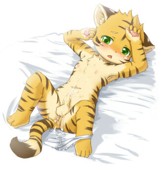  1boy animal_ears animal_hands anus armpits barefoot bed_sheet cum cum_on_body cum_on_upper_body ejaculation erection feet foreskin furry furry_male green_eyes kagerofu looking_at_viewer lying male_focus messy nipples nude open_mouth panties panties_around_leg penis shota small_penis solo spread_legs striped tail tears tiger tiger_ears tiger_tail toes underwear  rating:Explicit score:184 user:i_am_gundam