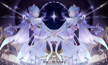  2girls architecture artist_name back_bow blunt_bangs bow braid closed_eyes commentary dual_persona east_asian_architecture engulfing_lightning_(genshin_impact) genshin_impact hair_ornament hair_ribbon holding holding_polearm holding_weapon japanese_clothes kimono lingerie long_braid looking_to_the_side mliney multiple_girls night outdoors polearm purple_kimono raiden_shogun ribbon single_braid sky star_(sky) starry_sky underwear weapon wide_sleeves 