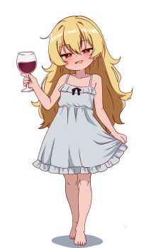  1girl absurdres alcohol blonde_hair collarbone commentary cup dress drinking_glass english_commentary full_body hair_between_eyes hanakaji_(yuuchanto) highres holding holding_cup kurumi_(hanakaji) long_hair looking_at_viewer mesugaki open_mouth original simple_background smile smug solo standing white_background white_dress wine wine_glass yellow_eyes  rating:Sensitive score:1 user:danbooru