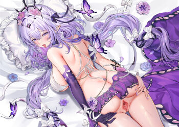  1girl armpit_crease back bare_shoulders bed bikini black_tiara blush bow breasts bug butterfly butterfly_earrings castorice_(honkai:_star_rail) chinese_commentary commentary commentary_request dakimakura_(medium) earrings elbow_gloves english_commentary flower from_behind gloves hair_between_eyes hair_bow hair_flower hair_intakes hair_ornament hands_on_own_ass highres honkai:_star_rail honkai_(series) insect jewelry large_breasts long_hair looking_at_viewer looking_back machi_(machi0910) median_furrow miniskirt mixed-language_commentary no_panties on_bed open_mouth paid_reward_available pillow pink_flower pointy_ears purple_bow purple_butterfly purple_eyes purple_gloves purple_hair purple_skirt pussy shoulder_blades sidelocks single_elbow_glove skirt solo spread_pussy spreading_own_pussy sweat swimsuit thighs tiara tongue tongue_out twitter_username uncensored upper_body white_bikini  rating:Explicit score:16 user:danbooru