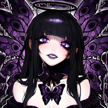  1girl @_@ bare_shoulders black_collar black_hair black_halo blunt_bangs breasts bug butterfly collar commentary english_commentary extra_eyes eyes_on_wings halo insect lips lipstick long_hair looking_at_viewer makeup medium_breasts melting_halo mole mole_on_shoulder mole_under_mouth original portrait purple_background purple_butterfly purple_eyes purple_lips solo teyoid wings 