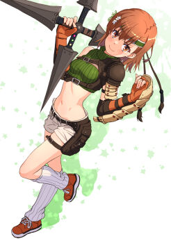  1girl breasts brown_eyes brown_hair closed_mouth commentary_request cosplay crop_top cropped_sweater elbow_gloves fang final_fantasy final_fantasy_vii final_fantasy_vii_remake fingerless_gloves full_body gloves green_headband green_sweater hair_between_eyes hands_up headband holding holding_shuriken holding_weapon looking_at_viewer loose_socks midriff misaka_mikoto navel orange_gloves raika9 red_shoes ribbed_socks shoes short_hair short_shorts shorts shuriken simple_background single_shoulder_pad skin_fang sleeveless sleeveless_sweater sleeveless_turtleneck small_breasts smile socks solo standing standing_on_one_leg sweater toaru_kagaku_no_railgun toaru_majutsu_no_index turtleneck turtleneck_sweater twitter_username weapon weapon_request white_shorts white_socks yuffie_kisaragi yuffie_kisaragi_(cosplay)  rating:Sensitive score:6 user:danbooru