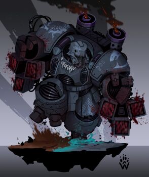  absurdres adeptus_astartes armor artist_logo blood blood_on_hands blood_splatter blood_stain bloody_weapon cable carcharodons centurion_(warhammer_40k) commentary embers english_commentary full_body gradient_background grey_background helicoprion highres jerma985 logo meat_grinder mud pauldrons polynesian_tattoo power_armor roman_numeral running science_fiction shark_print shark_tooth short_legs shoulder_armor smoke smoke_trail smokestack solo splashing studded_armor studded_legwear warhammer_40k water weapon wolfdawg_art  rating:Sensitive score:3 user:danbooru