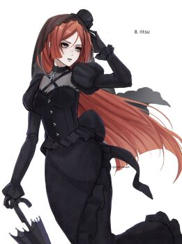  1boy black_choker black_corset black_dress black_gloves black_veil breasts character_name choker cleavage commentary corset cross cross_necklace dress english_commentary frilled_dress frills gloves gothic_lolita hand_on_own_head hat highres holding holding_umbrella jewelry lolita_fashion long_hair male_with_breasts medium_breasts mini_hat mini_top_hat namine_ritsu necklace orange_eyes orange_hair parted_lips rozenseraph simple_background solo top_hat trap twitter_username umbrella utau veil very_long_hair white_background 