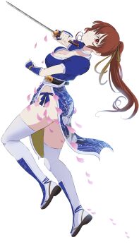  1girl absurdres animal_print ass blue_kimono bracer breasts brown_hair cherry_blossoms choker cleavage closed_mouth crane_print dead_or_alive female_focus highres holding holding_sword holding_weapon japanese_clothes kasumi_(doa) kimono large_breasts long_hair looking_at_viewer musuhi panties panty_peek pelvic_curtain petals ponytail red_eyes revealing_clothes ribbon sandals scabbard sheath shin_guards sidelocks simple_background solo sword team_ninja tecmo thighhighs underwear wakizashi weapon white_background white_choker white_panties white_thighhighs yellow_ribbon  rating:Sensitive score:4 user:halfpint