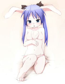  00s 1girl animal_ears animal_hands barefoot blue_eyes blush breasts feet female_focus full_body furrification furry furry_female gradient_background hiiragi_kagami kagerofu long_hair looking_at_viewer lowleg lucky_star navel panties purple_hair rabbit_ears solo striped_clothes striped_panties sweatdrop toes topless_female underwear white_background  rating:Questionable score:59 user:i_am_gundam