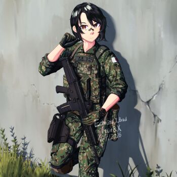  1girl absurdres assault_rifle bandaid bandaid_on_face bandaid_on_nose black_hair camouflage camouflage_gloves camouflage_pants edward_y_brad flag_patch gloves grass gun highres holding holding_gun holding_weapon holster howa_type_20 japan_ground_self-defense_force japan_self-defense_force japanese_flag leaning_back load_bearing_vest military military_combat_uniform military_fatigues military_uniform original pants rifle shadow short_hair sleeves_rolled_up standing watch weapon wristwatch 