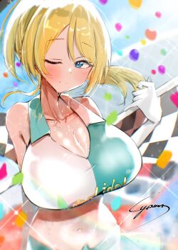  1girl ;) alternate_breast_size_(larger) ayase_eli blonde_hair blue_eyes blush breasts checkered_flag cleavage closed_mouth clothes_writing collarbone commentary flag gloves highres huge_breasts long_hair looking_at_viewer love_live! love_live!_school_idol_festival love_live!_school_idol_festival_after_school_activity love_live!_school_idol_project navel one_eye_closed outdoors race_flag race_queen sidelocks signature smile solo split_mouth stomach sweat symbol-only_commentary syoma_(1026syoma) upper_body white_gloves 