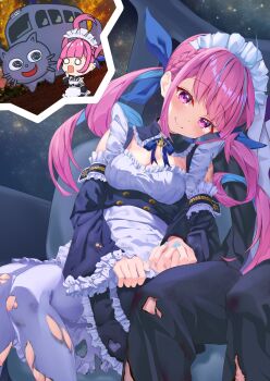  1boy 1girl absurdres bare_shoulders black_dress blue_hair blush breasts car_interior cleavage closed_mouth commentary dress english_commentary head_tilt highres holding_hands hololive interlocked_fingers maid maid_headdress minato_aqua multicolored_hair pantyhose purple_eyes purple_hair recomend_aqua sitting small_breasts smile solo_focus streaked_hair torn_clothes torn_pantyhose two-tone_hair virtual_youtuber white_pantyhose 