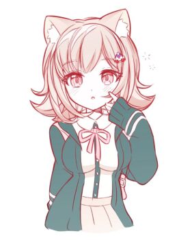  1girl :o animal_ears blush breasts brown_hair cat_ears cat_girl collared_shirt danganronpa_(series) danganronpa_2:_goodbye_despair dress_shirt flipped_hair hair_ornament hand_up hood jacket large_breasts long_sleeves looking_at_viewer medium_hair nanami_chiaki neck_ribbon open_clothes open_jacket pink_eyes pink_ribbon pleated_skirt ribbon shirt simple_background skirt solo white_shirt yeonju 