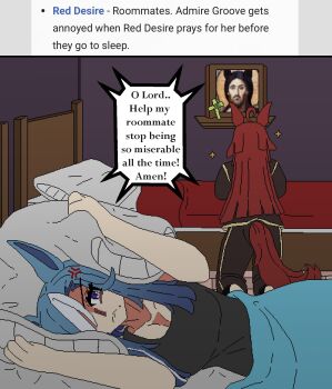  2girls admire_groove_(umamusume) anger_vein animal_ears annoyed bed bed_sheet blue_hair eastishpesto facing_away highres holding holding_pillow horse_ears horse_tail jesus kneeling multiple_girls pillow pillow_grab praying red_desire_(umamusume) sparkle tail umamusume 