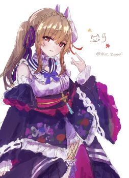  1girl alternate_costume arm_at_side bare_shoulders black_kimono black_sleeves blue_ribbon blush bow braid breasts brown_hair choker collar commentary_request cowboy_shot crown_braid detached_sleeves eyelashes eyes_visible_through_hair floral_print fox fox_mask fox_shadow_puppet frilled_choker frilled_collar frilled_kimono frilled_sleeves frills hair_between_eyes hair_ornament hair_over_shoulder hair_ribbon hand_up heaven_burns_red highres japanese_clothes kimono kiryuu_miya kurauchi_naya long_hair long_sleeves looking_at_viewer mask mask_on_head obi official_alternate_costume official_alternate_hairstyle open_mouth parted_lips purple_bow purple_kimono purple_ribbon purple_sash red_eyes ribbon ribbon-trimmed_sleeves ribbon_trim sash side_ponytail sidelocks simple_background skirt sleeveless sleeveless_kimono sleeves_past_wrists smile solo standing twintails twitter_username white_background wide_sleeves 