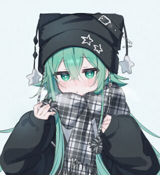 1girl animal_hat beanie black_coat black_hat blush bow cat_hat coat commentary double-parted_bangs green_eyes green_hair grey_scarf hair_between_eyes hands_up hat hat_ornament highres long_hair long_sleeves looking_at_viewer namin_(namin_star) nanase_(namin) original parted_lips plaid_clothes plaid_scarf scarf scarf_bow simple_background sleeves_past_wrists solo star-shaped_pupils star_(symbol) star_hat_ornament symbol-shaped_pupils untranslatable_commentary upper_body white_background