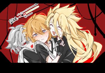  3boys :d ahoge aotu_world arrow_(symbol) black_gloves black_sclera black_shirt blonde_hair blue_eyes blush boy_sandwich chinese_commentary clone closed_eyes collared_shirt colored_sclera drawstring dual_persona fingerless_gloves gloves god_of_creation_(aotu_world) hair_between_eyes highres hood hood_down hoodie hug king_(aotu_world) king_(dark)_(aotu_world) long_hair looking_at_viewer male_focus multiple_boys necktie official_alternate_color official_alternate_eye_color official_alternate_hair_color open_mouth pale_skin parted_lips pointy_ears red_background red_eyes sandwiched shirt short_hair smile sweat tears white_hair white_hoodie white_necktie wosu_yige_hebaodan 