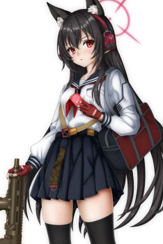  1girl animal_ear_fluff animal_ears bag black_hair black_nails black_sailor_collar black_skirt black_thighhighs blue_archive blush collarbone commentary_request cowboy_shot eyelashes fingerless_gloves fox_ears fox_girl gloves gun hair_between_eyes halo hand_up headphones highres holding holding_gun holding_phone holding_weapon implied_extra_ears long_hair long_sleeves looking_at_viewer miniskirt nail_polish neckerchief parted_lips partial_commentary phone pink_halo pleated_skirt red_eyes red_gloves red_neckerchief sailor_collar sailor_shirt school_uniform serafuku shirt shoulder_bag sidelocks simple_background skirt solo straight_hair sturm_(arowana_kingyo) tactical_school_uniform thighhighs very_long_hair weapon white_background white_shirt yukino_(blue_archive) zettai_ryouiki 