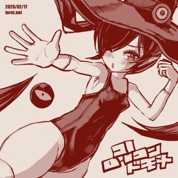  1girl ;o armpits backbeako_(torotei) backbeard blush breasts clenched_hand commentary cowboy_shot dated dated_commentary gegege_no_kitarou gloves groin hair_over_one_eye hands_up hat highleg highleg_one-piece_swimsuit kono_lolicon_domome long_hair looking_at_viewer monochrome one-piece_swimsuit one_eye_closed open_mouth original outstretched_arm outstretched_hand paid_reward_available pear-shaped_figure pointy_ears red_theme simple_background small_breasts solo standing swimsuit thighhighs torotei translated twintails variant_set watermark web_address white_background witch_hat 