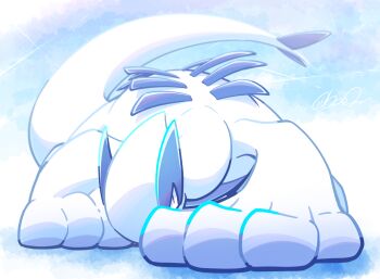  all_fours animal_focus artist_name blue_background blue_theme foreshortening full_body gen_2_pokemon legendary_pokemon looking_at_viewer lugia nettsuu nintendo no_humans pokemon pokemon_(creature) red_eyes signature slit_pupils solo  rating:General score:0 user:AngryZapdos