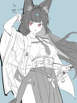  1girl absurdres animal_ears blue_background commentary_request fox_ears fox_girl highres hoshimi_miyabi katana looking_at_viewer necktie open_mouth red_eyes rontu simple_background solo standing sword weapon zenless_zone_zero 