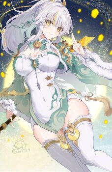  1girl breasts closed_mouth commentary_request dated dress fingernails fur_trim genshin_impact hair_between_eyes hand_up highres holding large_breasts long_hair long_sleeves nail_polish signature smile solo tassel thighhighs very_long_hair white_dress white_hair white_thighhighs yellow_eyes yuuri_(orz_commushows) zibai_(genshin_impact) 