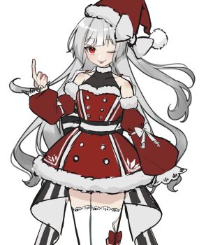  1girl :p alternate_costume back_bow black_bow bow collarbone commentary_request detached_sleeves dress fujiwara_no_mokou fur-trimmed_dress fur_trim grey_hair hat hat_bow long_hair looking_at_viewer mokou_cooking one_eye_closed red_dress red_eyes santa_costume santa_dress sleeveless sleeveless_dress solo thighhighs tongue tongue_out touhou very_long_hair white_bow white_thighhighs 
