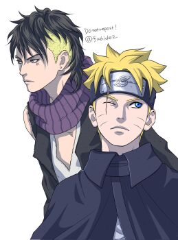  black_cloak black_headband blonde_hair blue_eyes boruto:_naruto_next_generations cloak collared_cloak commentary earrings eyebrow_piercing face_piercing forehead_protector frown grey_eyes headband highres jewelry kawaki_(boruto) matsu_(fu6ide2) multicolored_hair naruto_(series) one_eye_closed piercing purple_scarf scar scar_across_eye scar_on_face scarf striped_clothes striped_scarf stud_earrings twitter_username two-tone_hair undercut uzumaki_boruto 