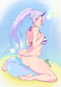  ass beach bikini breasts highres horns large_breasts ponytail purple_eyes purple_hair rimuru_tempest shion_(tensura) striped_bikini striped_clothes swimsuit tagme tensei_shitara_slime_datta_ken  rating:Questionable score:116 user:Zerch