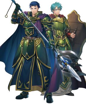  2boys aqua_eyes armor belt blue_eyes blue_hair boots cape closed_mouth cosplay ephraim_(fire_emblem) ephraim_(sacred_twin_lord)_(fire_emblem) fado_(fire_emblem) fado_(fire_emblem)_(cosplay) fire_emblem fire_emblem:_the_blazing_blade fire_emblem:_the_sacred_stones fire_emblem_heroes full_body gauntlets green_armor hector_(brave_warrior)_(fire_emblem) hector_(fire_emblem) highres holding holding_polearm holding_shield holding_weapon kuren loincloth looking_at_viewer male_focus maltet_(fire_emblem) multiple_boys nintendo non-web_source official_alternate_costume official_art pants polearm purple_cape shield short_hair shoulder_armor smile spear tachi-e uther_(fire_emblem) uther_(fire_emblem)_(cosplay) weapon 