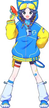  1girl :d animal_ear_hood animal_ears bandai_namco bandaid bandaid_on_leg belt belt_pouch bike_shorts black_eyes black_hair black_shorts blue_hood blue_jacket blue_shoes blue_vest blush bright_pupils buckle cat_ears collared_vest dithering dot_nose energy_gun eyes_visible_through_hair fake_animal_ears fangs full_body goggles goggles_on_head gun hand_in_pocket highres holding holding_gun holding_weapon hood hood_up hooded_jacket jacket kneehighs lanyard legs_apart letterman_jacket long_sleeves narume neko_(taiko_no_tatsujin) neko_(wadiverse)_(taiko_no_tatsujin) official_art open_mouth partially_open_jacket partially_unzipped pixel_art pouch puffy_long_sleeves puffy_sleeves ray_gun rectangular_eyewear red_belt saturated second-party_source shoes shorts simple_background smile snap-fit_buckle socks solo standing straight_hair tachi-e taiko_no_tatsujin thigh_belt thigh_pouch thigh_strap tinted_eyewear transparent_background tube_socks two-sided_hood vest wavy_hair weapon whistle whistle_around_neck white-framed_eyewear white_pupils white_socks yellow-tinted_eyewear yellow_belt yellow_sleeves 