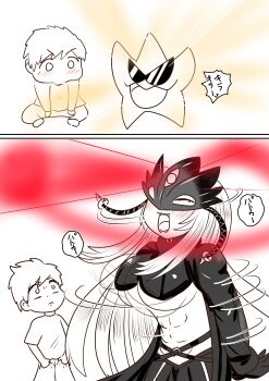  1boy 1girl abs beelstarmon before_and_after blush bouncing_breasts breasts digimon digimon_(creature) evolution jacket long_hair looking_at_another mask monochrome motion_lines name_connection navel okatanuki_(hsdp4852) open_clothes open_jacket pun size_difference smile starmon_(digimon_xros_wars) sunglasses surprised translation_request white_background 