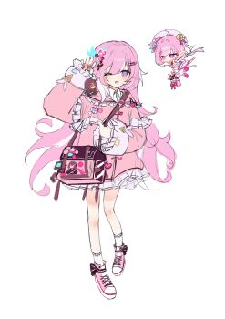  2girls ;o absurdres alternate_costume beret character_charm charm_(object) chibi commentary diamond-shaped_pupils diamond_(shape) eden_(honkai_impact) elf elysia_(herrscher_of_human:_ego)_(honkai_impact) elysia_(hi_love_elf)_(honkai_impact) elysia_(honkai_impact) hat highres honkai_(series) honkai_impact_3rd itabag long_hair looking_at_viewer multicolored_hair multiple_girls one_eye_closed pic_p_p pink_hair pink_nails pink_shoes pink_sweater pointy_ears purple_eyes shoes simple_background skirt socks sweater symbol-only_commentary symbol-shaped_pupils two-tone_hair very_long_hair white_background white_hair white_skirt white_socks 