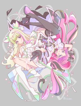  2girls absurdres arm_behind_head artist_name asymmetrical_footwear beamed_eighth_notes beamed_sixteenth_notes black_dress black_thighhighs blonde_hair boots bow closed_mouth cure_kiss cure_zukyuun dress earrings eighth_note floating fortissimo gloves gradient_hair green_hair hair_ornament high_heel_boots high_heels highres jewelry kimi_to_idol_precure lilylily0601 long_hair looking_at_viewer magical_girl meroron_(precure) multicolored_hair multiple_girls musical_note musical_note_hair_ornament open_mouth pink_eyes pink_hair pointing pointing_at_viewer precure purirun_(precure) purple_eyes purple_hair short_dress sleeveless sleeveless_dress smile sparkle star_(symbol) thigh_boots thighhighs treble_clef twitter_username two-tone_hair upside-down very_long_hair white_boots white_bow white_dress white_gloves 