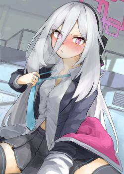  1girl @_@ absurdres black_thighhighs blazer blue_archive blush breath commentary grey_hair hair_between_eyes hairband halo heavy_breathing highres indoors jacket kei_(blue_archive) kei_(new_body)_(blue_archive) long_hair looking_at_viewer off-shoulder_jacket off_shoulder parted_lips pink_eyes pink_halo railing removing_necktie school_uniform skirt solo tap_(vjnm2724) thighhighs tsurime very_long_hair 