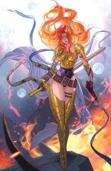  1girl angela_(marvel) armor armored_boots armored_leotard belt boots breastplate comic_cover cover_page covered_navel facepaint fan_yang_(jiuge) fire full_body holding holding_sheath holding_sword holding_weapon leotard marvel marvel_rivals pauldrons red_hair scabbard sheath shoulder_armor studded_belt sword thigh_boots thigh_strap weapon winged_headwear  rating:General score:2 user:Mewgen