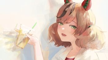  1girl absurdres animal_ears black_hair blush brown_eyes brown_hair commentary_request cup disposable_cup drinking_straw highres holding holding_cup horse_ears horse_girl looking_at_viewer medium_hair mt_yagi_shumi multicolored_hair nice_nature_(casual)_(umamusume) nice_nature_(umamusume) open_mouth shirt smile solo streaked_hair twintails umamusume upper_body white_shirt 