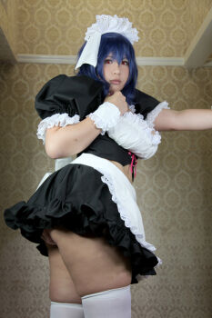 apron blue_hair breasts chouzuki_maryou cosplay large_breasts maid maid_apron maid_headdress photo_(medium) plump red_eyes seikon_no_qwaser thick_thighs thighhighs thighs yamanobe_tomo rating:Explicit score:8 user:H-Viruz