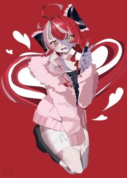  1girl bandaged_leg bandages black_shirt black_socks blush coat colored_skin colored_tongue commentary cosmetics diamond-shaped_pupils diamond_(shape) double-parted_bangs earrings embarrassed english_commentary fangs full_body fur_coat fur_collar grey_hair grey_skin hand_on_own_thigh heart heart-shaped_pupils heart_background heart_earrings heterochromia highres holding holding_lipstick_tube hololive hololive_indonesia jewelry kneehighs kureiji_ollie lipstick_tube long_hair looking_at_viewer low_twintails mamiya_miya mismatched_pupils multicolored_hair open_mouth patchwork_skin pink_coat pink_hair purple_tongue red_background red_eyes red_hair shirt simple_background socks solo split_ponytail stitched_arm stitched_face stitched_leg stitched_torso stitches symbol-shaped_pupils twintails virtual_youtuber white_hair white_skin x-shaped_pupils yellow_eyes zombie 