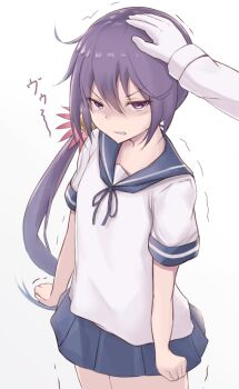  1girl 88942731ne admiral_(kancolle) akebono_(kancolle) blue_sailor_collar blue_skirt clenched_teeth commentary_request cowboy_shot glaring gloves hair_ornament headpat kantai_collection long_hair looking_at_viewer one-hour_drawing_challenge out_of_frame pleated_skirt purple_eyes purple_hair sailor_collar shirt short_sleeves side_ponytail skirt solo_focus teeth translation_request trembling white_gloves white_shirt 