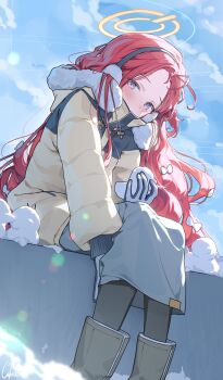  1girl black_pantyhose blue_archive blue_eyes blue_sky blush boots coat commentary_request earmuffs gloves grey_boots halo highres holding holding_snowball jacket long_hair ningen_mame official_alternate_costume pantyhose red_hair sitting skirt sky snow snowball snowman white_gloves white_skirt winter_clothes yellow_halo yellow_jacket yuzu_(blue_archive) yuzu_(winter)_(blue_archive) 