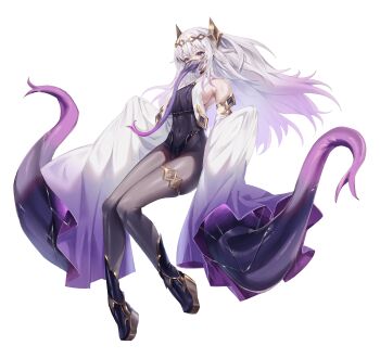  1girl absurdres bare_shoulders breasts circlet colored_tongue covered_navel detached_sleeves full_body gradient_hair highres jewelry long_hair long_tongue looking_at_viewer medium_breasts mouth_veil multicolored_hair original pantyhose platform_sandals purple_hair purple_tongue red_eyes sandals sharp_teeth solo teeth tentacles thighlet tongue tongue_out two-tone_hair veil white_background white_hair zhu_fun 